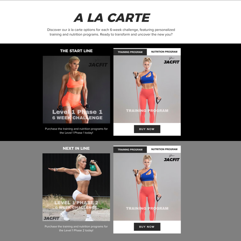 Jacfit - A la Carte programs, wix website design by Jessica Design.